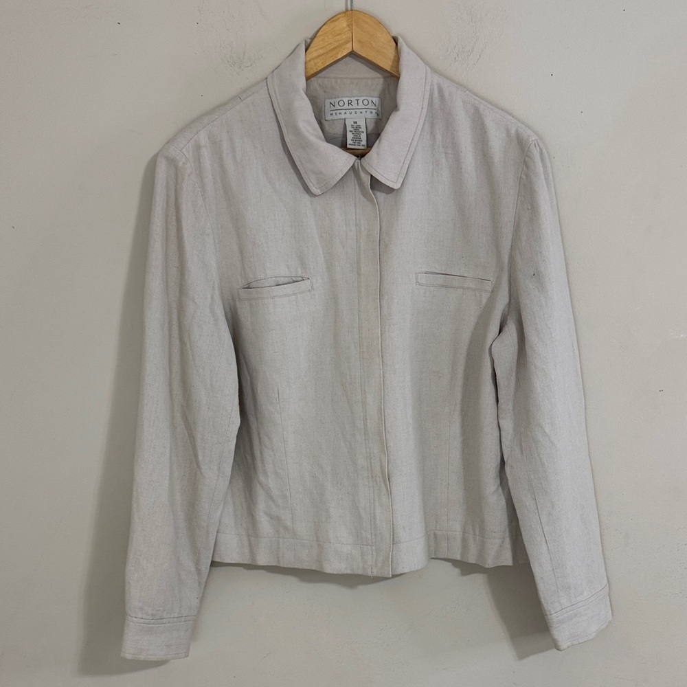 Women's Beige Linen Zip Front Jacket size XL Classic Minimalist Quiet Luxury